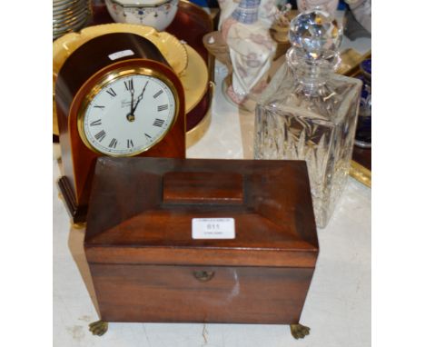 MAHOGANY TEA CADDY, REPRODUCTION MANTLE CLOCK &amp; CRYSTAL DECANTER WITH STOPPER     
