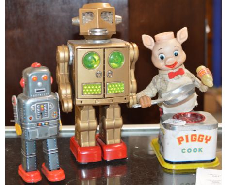 2 VINTAGE JAPANESE ROBOT TOYS &amp; 1 OTHER VINTAGE TIN PLATE TOY