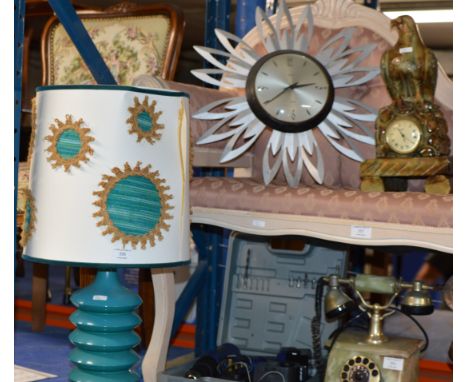 RETRO POTTERY TABLE LAMP WITH SHADE, NOVELTY EAGLE CLOCK &amp; RETRO WALL CLOCK     