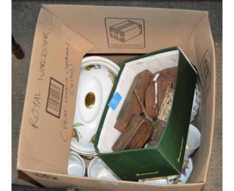 BOX CONTAINING VARIOUS TOOLS, ROYAL WORCESTER DINNER WARE ETC     