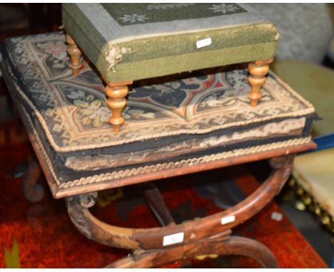 MAHOGANY SADDLE STYLE STOOL WITH TAPESTRY SEAT &amp; 1 OTHER STOOL     