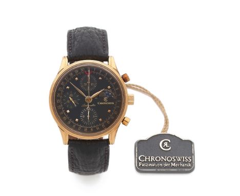 CHRONOSWISS REF. 77990., Montre bracelet en acier et plaqué or avec chronographe et calendrier. BOîTIER : rond en plaqué or a