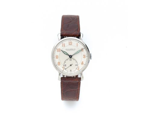JAEGER LECOULTRE Montre bracelet en acier sur cuir. BOITIER : rond CADRAN : argenté avec index chiffres arabes et petite seco