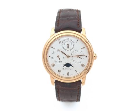 BLANCPAIN VILLERET "DIGNUS EST INTRARE". REF. 6056-3642-53B., VERS 2004 Montre bracelet en or rose 18K sur cuir avec calendri