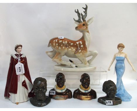 A Lomonosov model of a deer, Royal Doulton figure Diana Princess of Wales, Royal Worcester Queen's 80th Birthday figure and f