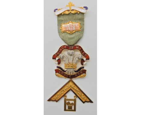 A 9ct gold and enamel Masonic medallion for Prince of Wales Lodge 959, Jubilee 1913, length 13.3cm, weight 38.9gms including 