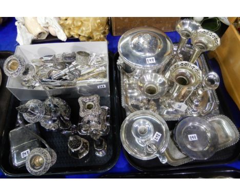 A lot comprising two trays of EP - candlesticks, ice pail, vases, chamber stick, hip flask etc Condition Report: Available up