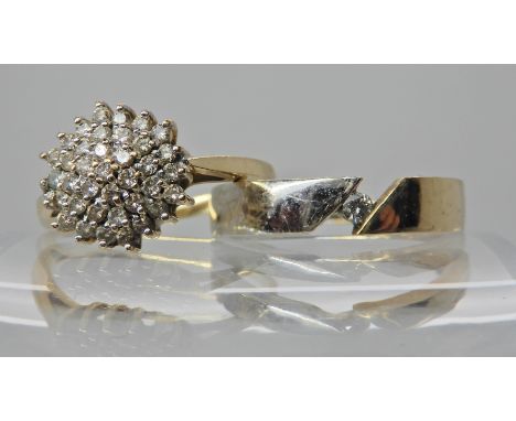 A 9ct gold bi colour ring set with a 0.05ct diamond, finger size S, a 9ct gold diamond cluster ring, set with estimated appro