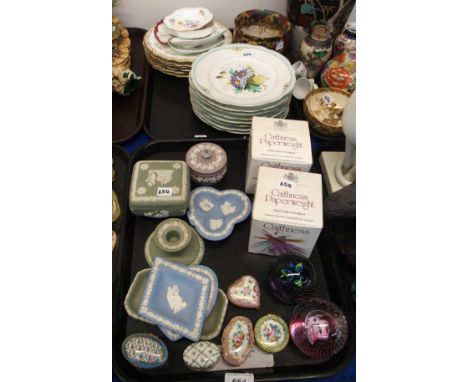 Assorted Wedgwood jasperware, Limoges handpainted trinket boxes, two Caithness paperweights, two continental handpainted dess