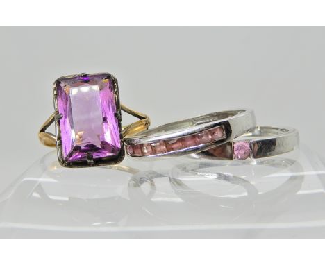 A pair of 9ct white gold QVC pink gem set rings both O1/2, and a 9ct and silver purple gem set ring size approx L1/2, weight 