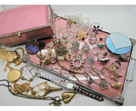 A silver and enamel compact, dressing table set and costume jewellery Condition Report:Not available for this lot.