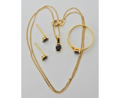 An 18ct gold sapphire pendant, earrings and ring set, length of chain 39cm, size of ring N1/2, dimensions of all the sapphire