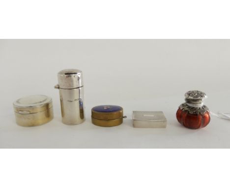 A lot comprising a cylindrical silver scent bottle, 5.5cm high, London 1903, a white metal and enamel pill box, two other met