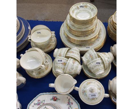 Minton 'Broadlands' pattern tea and dinner wares comprising; eight tea cups and saucers, milk jug and sucrier, six soup coupe