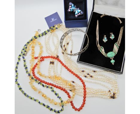 A silver and turquoise necklace, Greek key pattern bangle, pearls and gemstone beads etc Condition Report:Not available for t