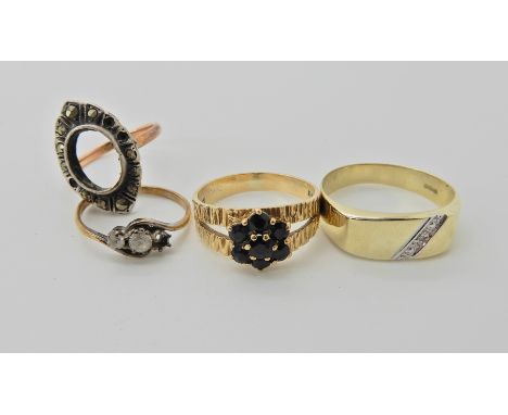 A 9ct gold diamond set band ring size T, a 9ct gold retro sapphire ring size P1/2, and two other 9ct rings approx weight as o