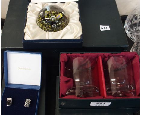 A Caithness glass Tropicana paperweight, designed and made by Peter Holmes, together with Rolls Royce branded decanter and gl