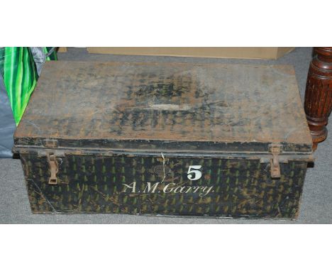 A vintage metal military trunk, inscribed A.M. Garry, 76cm wide Condition Report: Available upon request