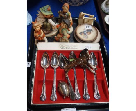 Four Hummel figures, small plates, Beswick foal, silver plated spoons and a silver mustard Condition Report: Available upon r