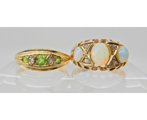 A bright yellow metal rose cut diamond and opal ring, size L1/2, and a 18ct green gem and diamond ring size O1/2 weight combi