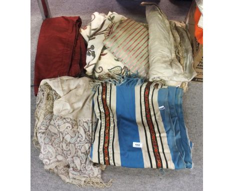 A pair of crewel work curtains, 105cm x 155cm, a Victorian patchwork, an antique embroidery and a bed pelmet, printed paisley