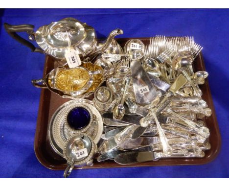 A tray lot of EP - tea service, condiments, loose cutlery etc Condition Report: Available upon request