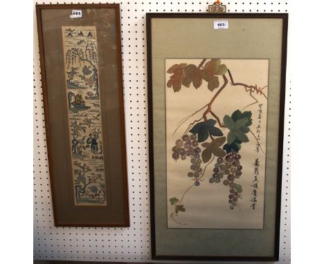 A Chinese embroidered silk panel, together with a scroll decorated with a fruiting vine Condition Report: Available upon requ