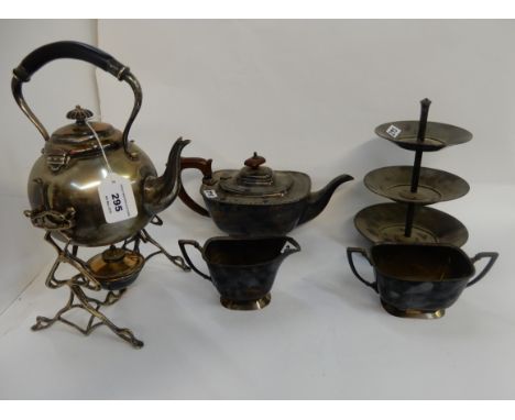A tray lot of EP - kettle on stand, tea service, cake stand Condition Report: Available upon request