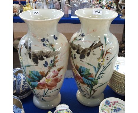 A pair of Victorian opaque glass vase with handpainted decoration of birds and flowers, 39cm high (2) Condition Report: The g