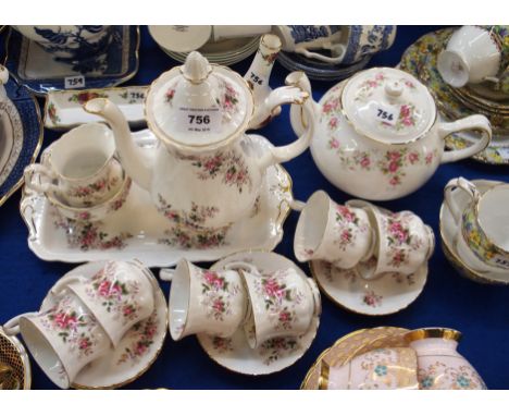 A Royal Albert 'Lavender Rose' pattern coffee set comprising; coffee pot, milk jug, sugar bowl, rectangular sandwich plate, s