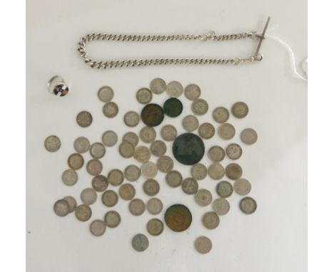 A lot comprising a silver Albert chain, a ring and a quantity of silver threepennies and other coins Condition Report: Availa