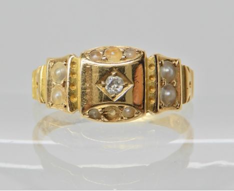 An 18ct gold pearl and diamond set mourning ring inscribed with the date 1886, hallmarked Chester 1886, finger size Q1/2, wei