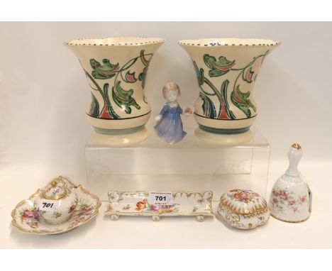 A pair of Honiton Pottery vases, 16cm high, Paragon Victorian Rose bell and a Dresden porcelain desk set comprising inkwell, 