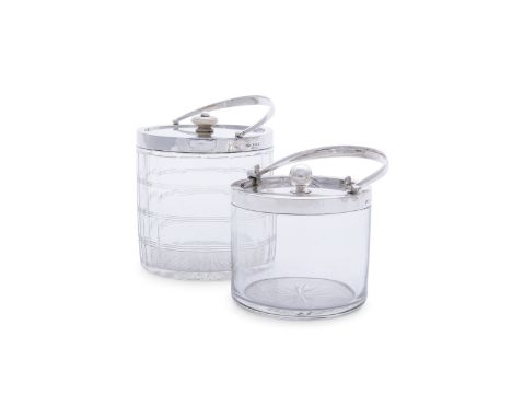 TWO SILVER MOUNTED SWING HANDLE CUT GLASS BISCUIT BARREL, Birmingham c.1912 &amp; c.1923, mark of John Grinsell &amp; Sons, o