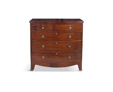 A GEORGE IV MAHOGANY BOW FRONT CHEST OF DRAWERS, with shaped rectangular top, above two short and three long drawers, with br