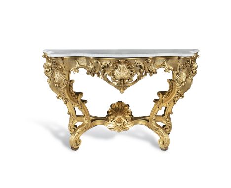 A FRENCE REGENCY PERIOD GILT WOOD CONSOLE TABLE, early 18th Century, of serpentine shape fitted with white marble top over ca