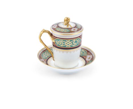 A RUSSIAN HOT CHOCOLATE CUP AND COVER ON STAND, 19th Century , Gardner Factory Moscow, of tapering cylindrical form, with sin