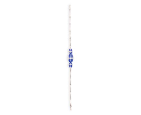 A DIAMOND AND ENAMEL BRACELET, set at the centre with a fancy-shaped plaque decorated with blue enamel accented with round br