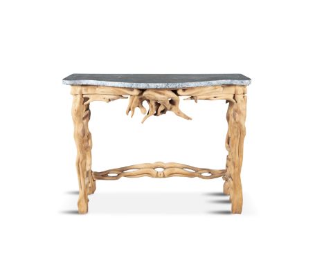 A CARVED OLIVE WOOD AND MARBLE TOP CONSOLE TABLE, with serpentine top, on a naturalistic base. 124 cm wide