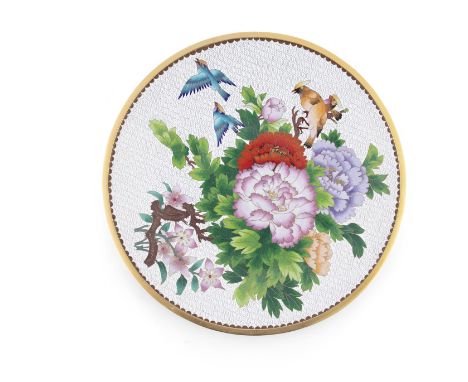 A JAPANESE CLOISONNE ENAMEL CHARGER, 20th century, of shallow circular form, decorated with waxwings and jay-birds  amongst p