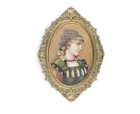 A CONTINENTAL PAINTED PORCELAIN PLAQUE, of oval shape, decorated with a portrait of a young woman in costume, against a gilde