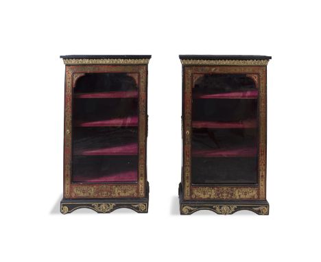 A PAIR OF 19TH CENTURY EBON AND RED BOULLE TALL DISPLAY CABINETS, each with plain rectangular top above a row of applied bras