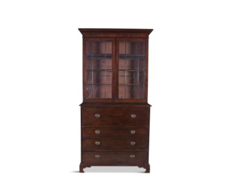 A GEORGE III SECRETAIRE BOOKCASE, c.1790, the upper section with moulded dentil cornice and twin glazed doors enclosing adjus