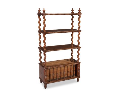 A FOUR-TIER MAHOGANY WHATNOT, of rectangular form, with plain tiers carved with bobbin edge, surmounted with turned painted f