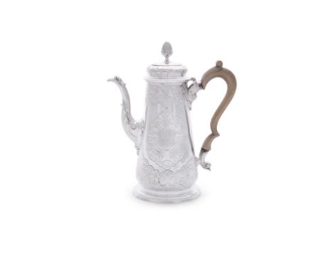 A GEORGE II TAPERING COFFEE POT, London 1741, makers marks probably that of John Pollock, the flat domed lid with pineapple f