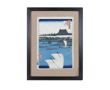 A SET OF THREE JAPANESE WOODBLOCK PRINTS; comprising Hiroshige '53 Stations of Tokaido', 36 x 25cn; Utagame 'Bijin', 38 x 26c