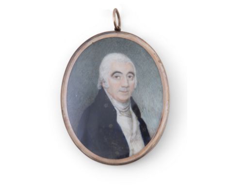 MANNER OF F. BUCK (c.1820)Miniature portrait of a man in a blue coat Watercolour on ivory, 6 x 5cmWith plated hair and seed p