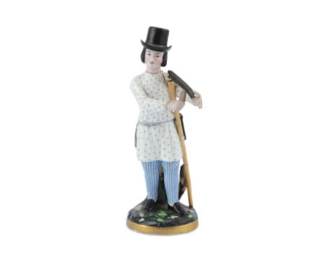 A RUSSIAN 'GARDNER' PORCELAIN FIGURE OF A WOODCUTTER, Moscow, 19th century, standing balancing an axe under his left arm, wea