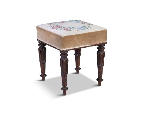 AN IRISH GEORGE IV MAHOGANY STOOL IN THE MANNER OF MACWILLIAMS &amp; GIBTON, of rectangular form, upholstered in floral tapes