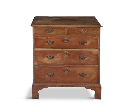 A GEORGE III MAHOGANY CHEST OF DRAWERS, of rectangular form, the plain top with moulded edge over two short and three long dr